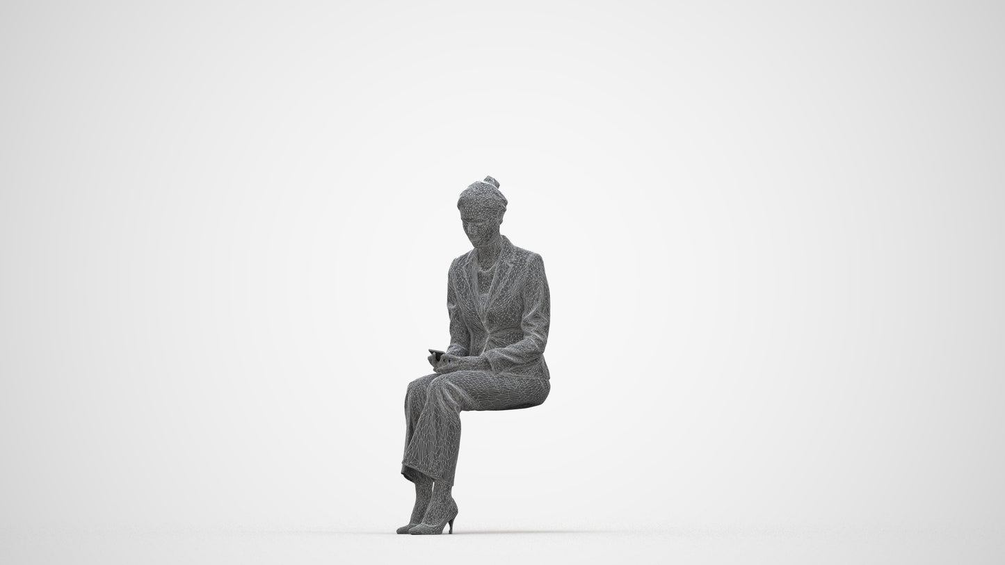 photogrammetry 3D woman business sitting, realistic human model archviz FBX, wireframe back view