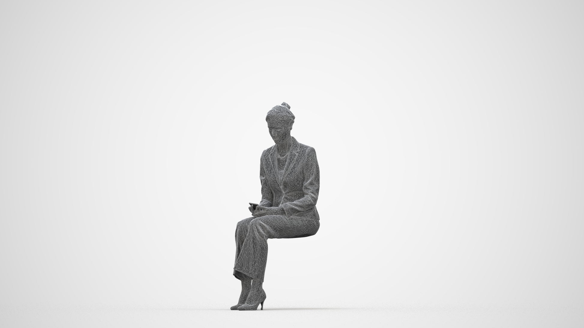 photogrammetry 3D woman business sitting, realistic human model archviz FBX, wireframe back view