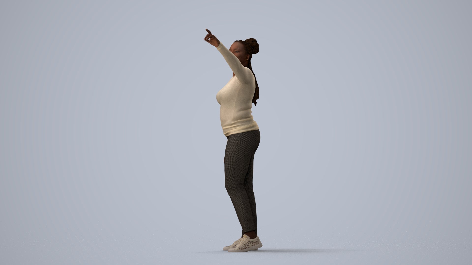 3D scanned woman standing casual, photorealistic archviz people for Enscape and SketchUp, three-quarter view render