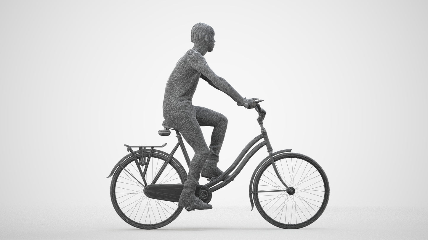 realistic 3D boy casual cycling, scanned archviz people for Blender and 3ds Max, wireframe side view