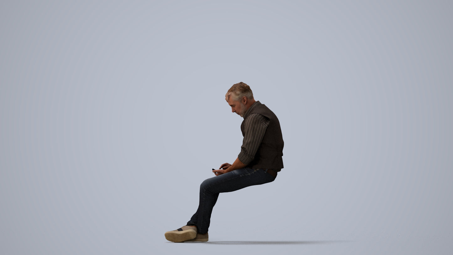 scanned 3D man casual sitting, photogrammetry people for Enscape and V-Ray, three-quarter view render
