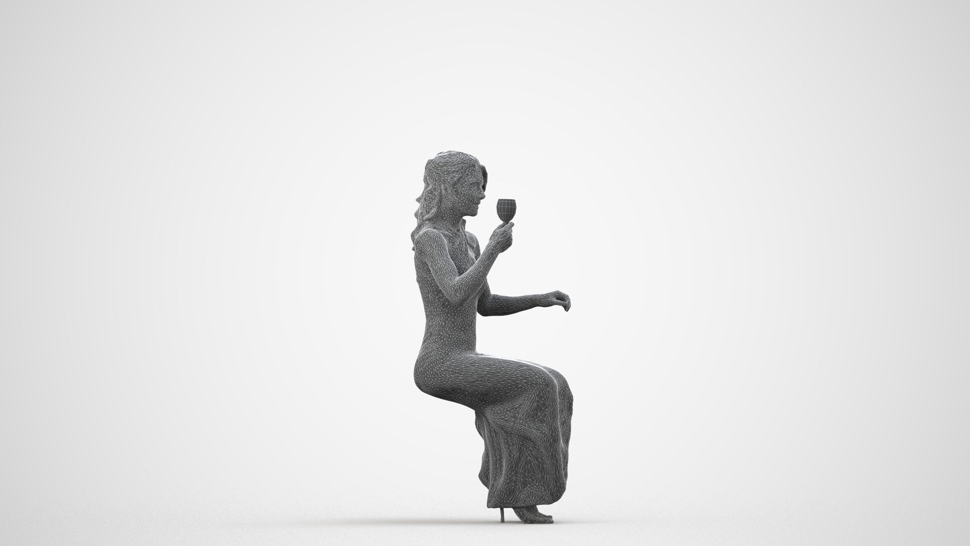 3D human model woman formal formalaffairs, photogrammetry scanned person for archviz, wireframe side view