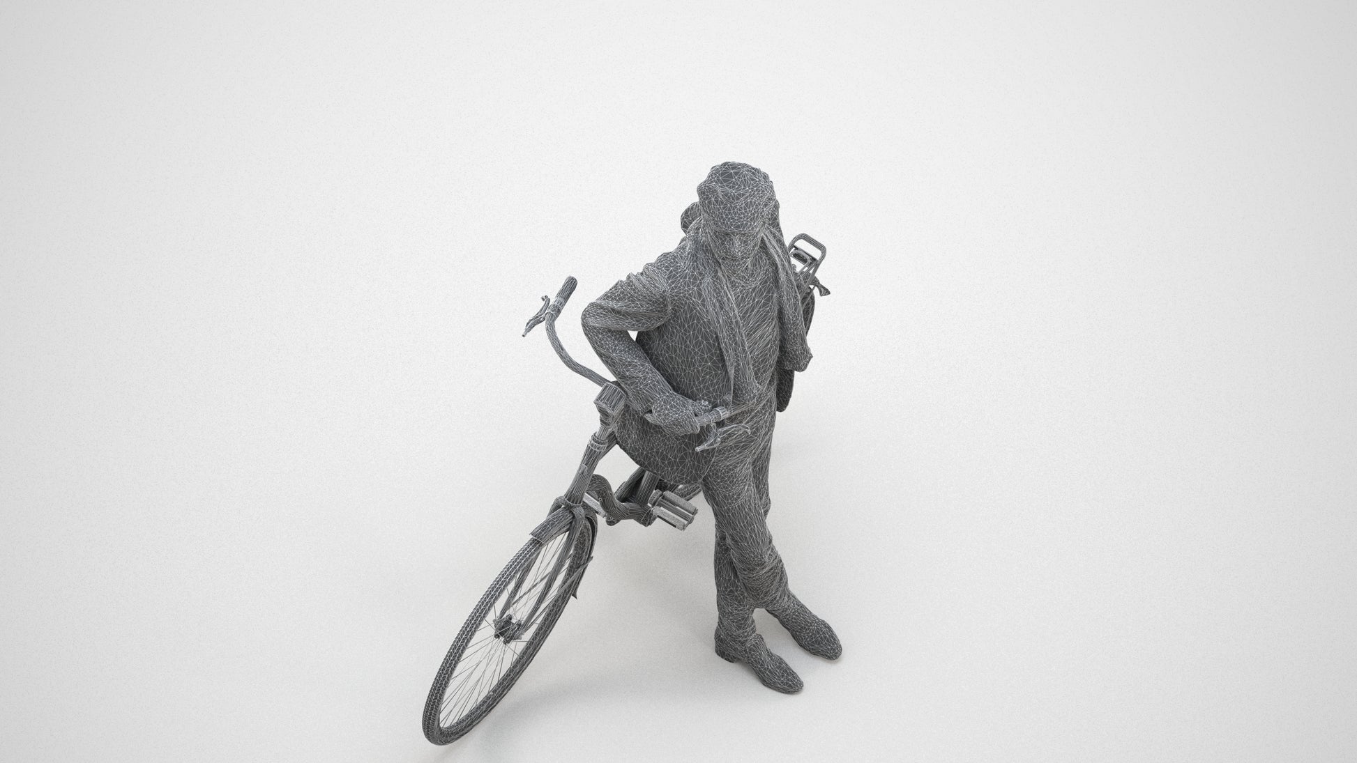 3D human model man business cycling, photogrammetry scanned person for archviz, wireframe three-quarter view