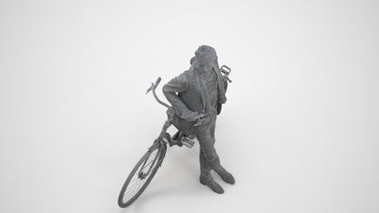 3D human model man business cycling, photogrammetry scanned person for archviz, wireframe three-quarter view