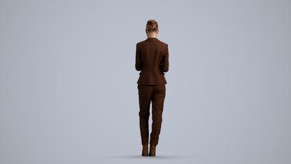 3D human model woman business standing, photogrammetry scanned person for archviz, front view render