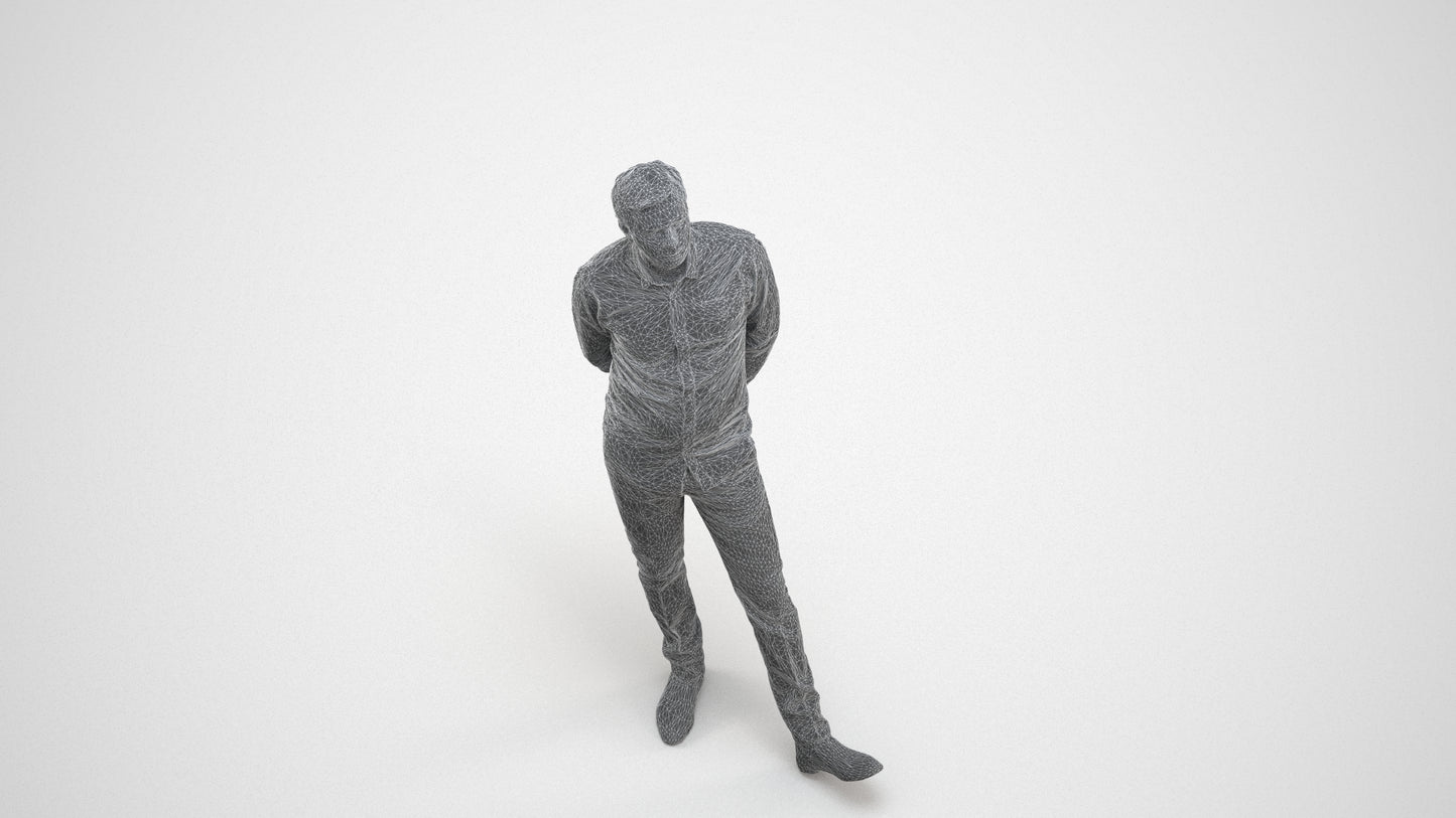 photogrammetry 3D man business standing, realistic human model archviz FBX, wireframe three-quarter view
