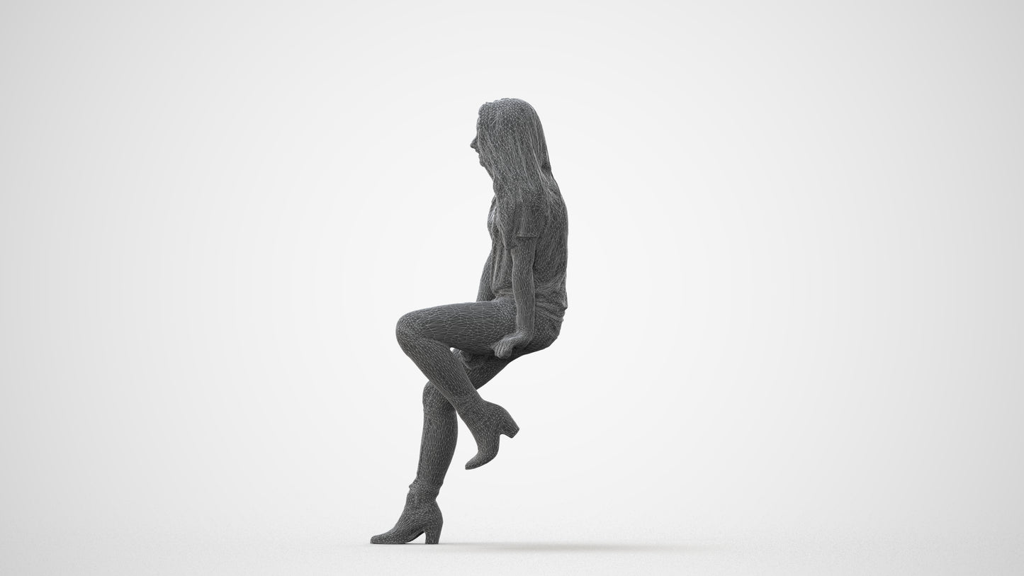 realistic 3D woman casual sitting, scanned archviz people for Blender and 3ds Max, square thumbnail