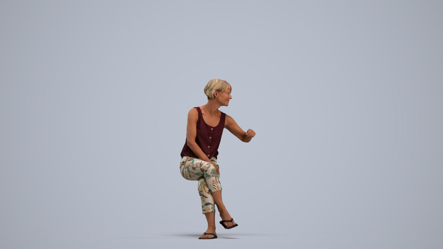 3D scanned senior woman sitting, photorealistic archviz people for Enscape and SketchUp, standing pose render