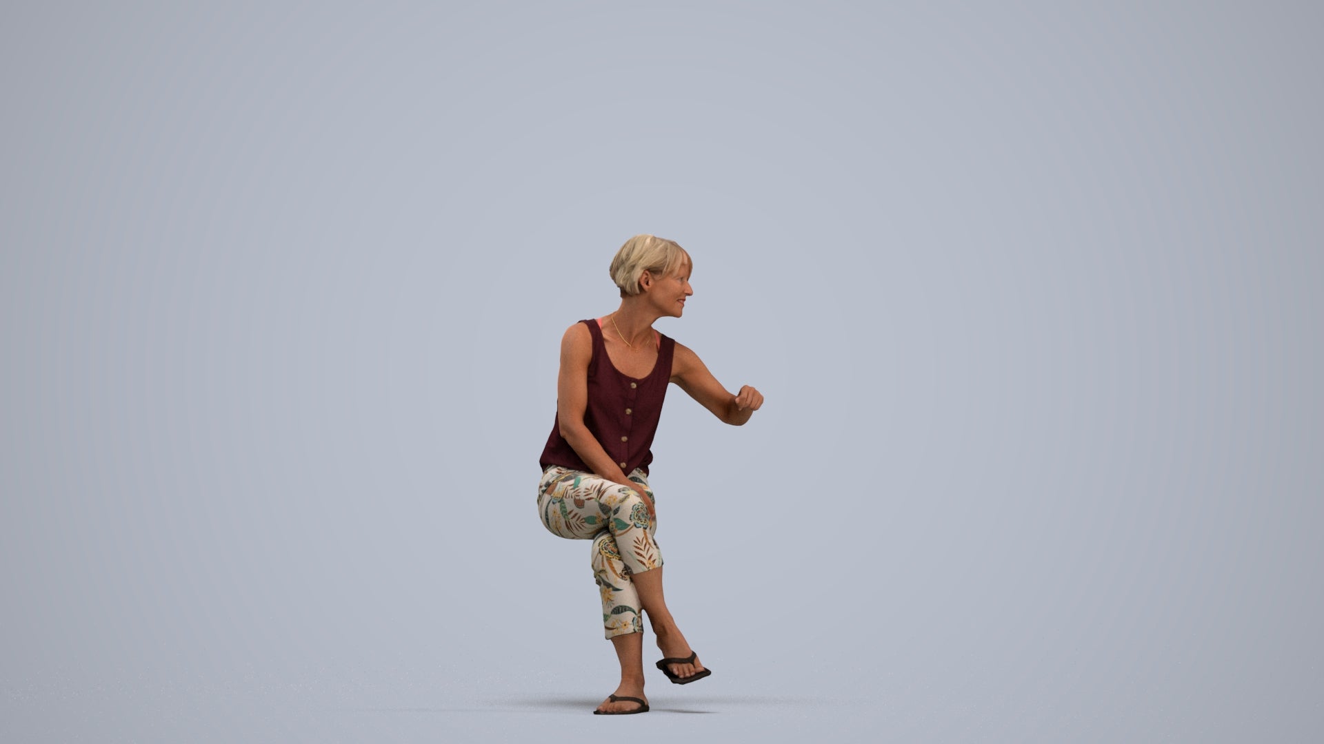 3D scanned senior woman sitting, photorealistic archviz people for Enscape and SketchUp, standing pose render