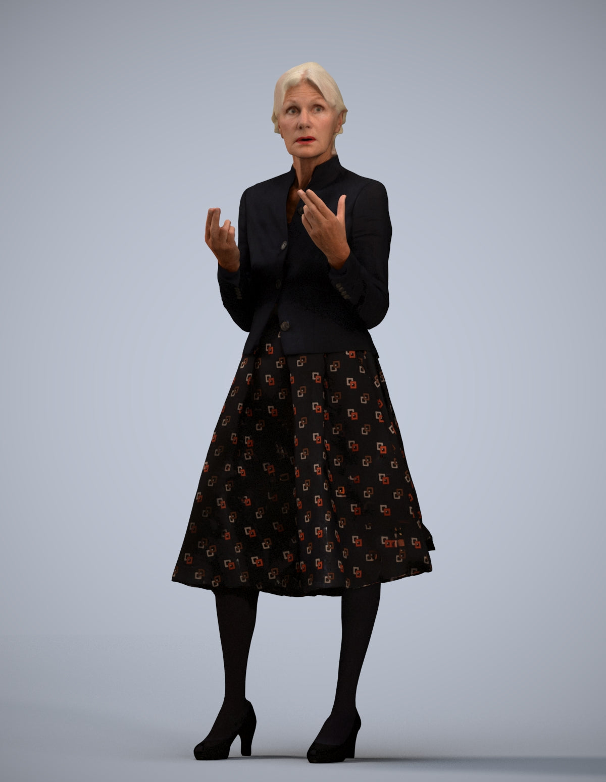 realistic 3D senior woman business standing, scanned archviz people for Blender and 3ds Max