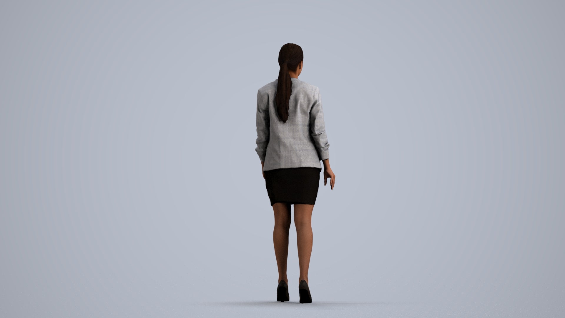 photogrammetry 3D woman business walking, realistic human model archviz FBX, front view render