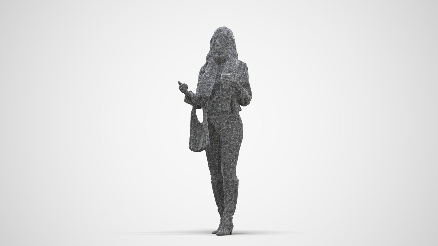 3D human model woman casual standing, photogrammetry scanned person for archviz, three-quarter front view render