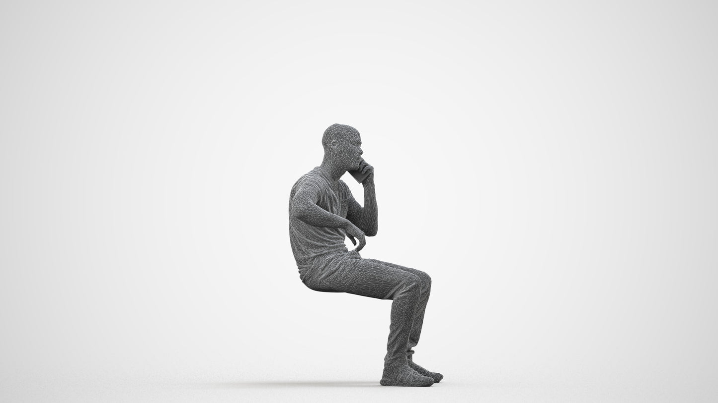 realistic 3D human man casual sitting, archviz people FBX OBJ for Blender, wireframe side view