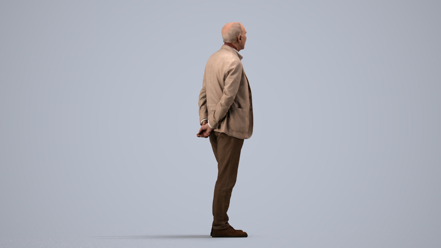 realistic 3D human senior man business standing, archviz people FBX OBJ for Blender, side view render