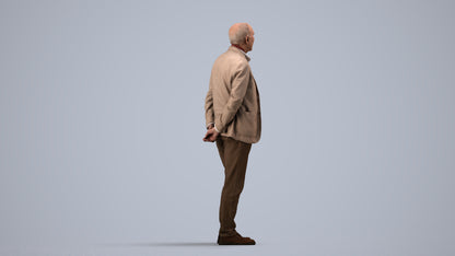 realistic 3D human senior man business standing, archviz people FBX OBJ for Blender, side view render