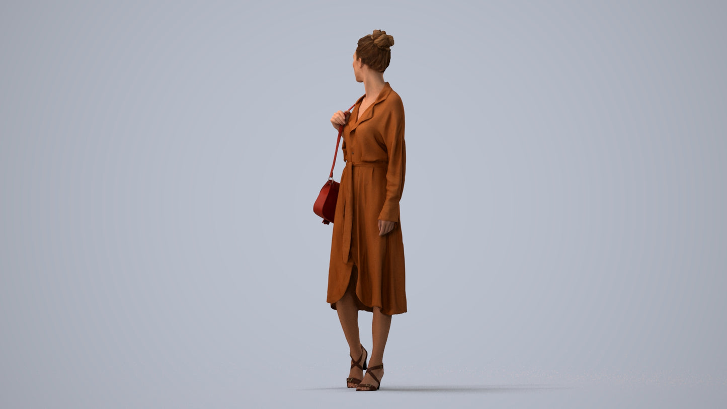 3D human model woman casual walking, photogrammetry scanned person for archviz, three-quarter view render