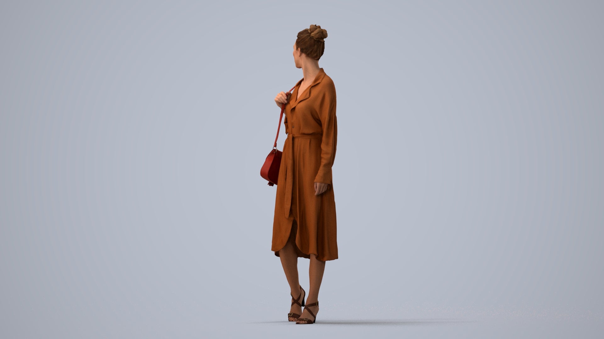 3D human model woman casual walking, photogrammetry scanned person for archviz, three-quarter view render
