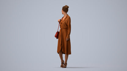 3D human model woman casual walking, photogrammetry scanned person for archviz, three-quarter view render