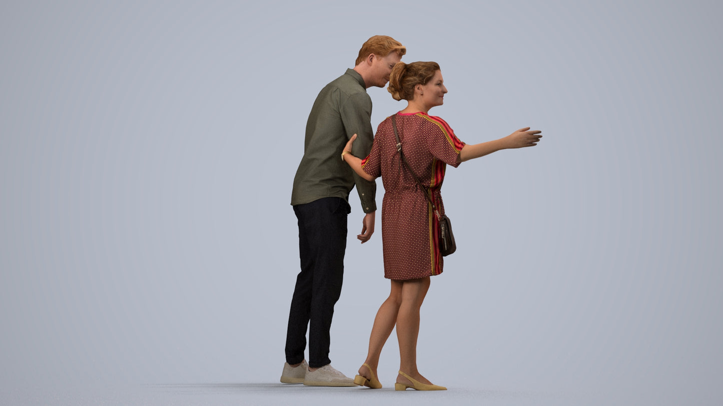 realistic 3D human woman casual couple, archviz people FBX OBJ for Blender, side view render