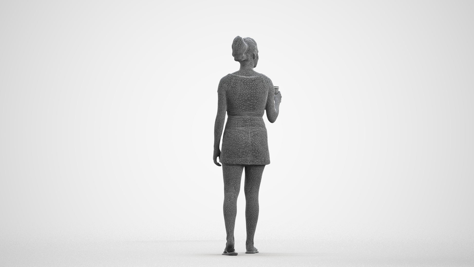 realistic 3D woman casual walking, scanned archviz people for Blender and 3ds Max, wireframe front view