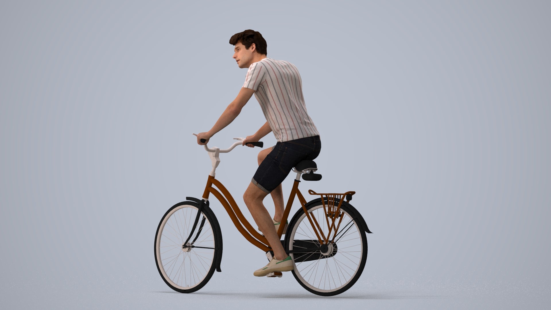realistic 3D man casual cycling, scanned archviz people for Blender and 3ds Max, three-quarter view render