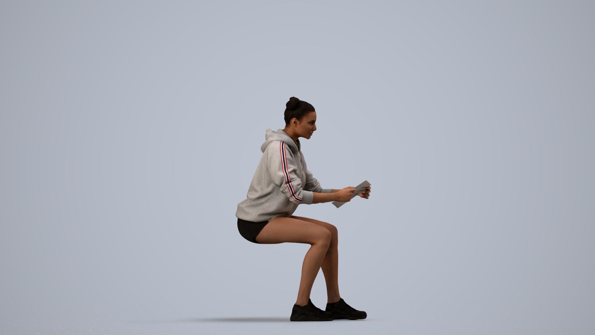 scanned 3D woman casual sitting, photogrammetry people for Enscape and V-Ray, side view render