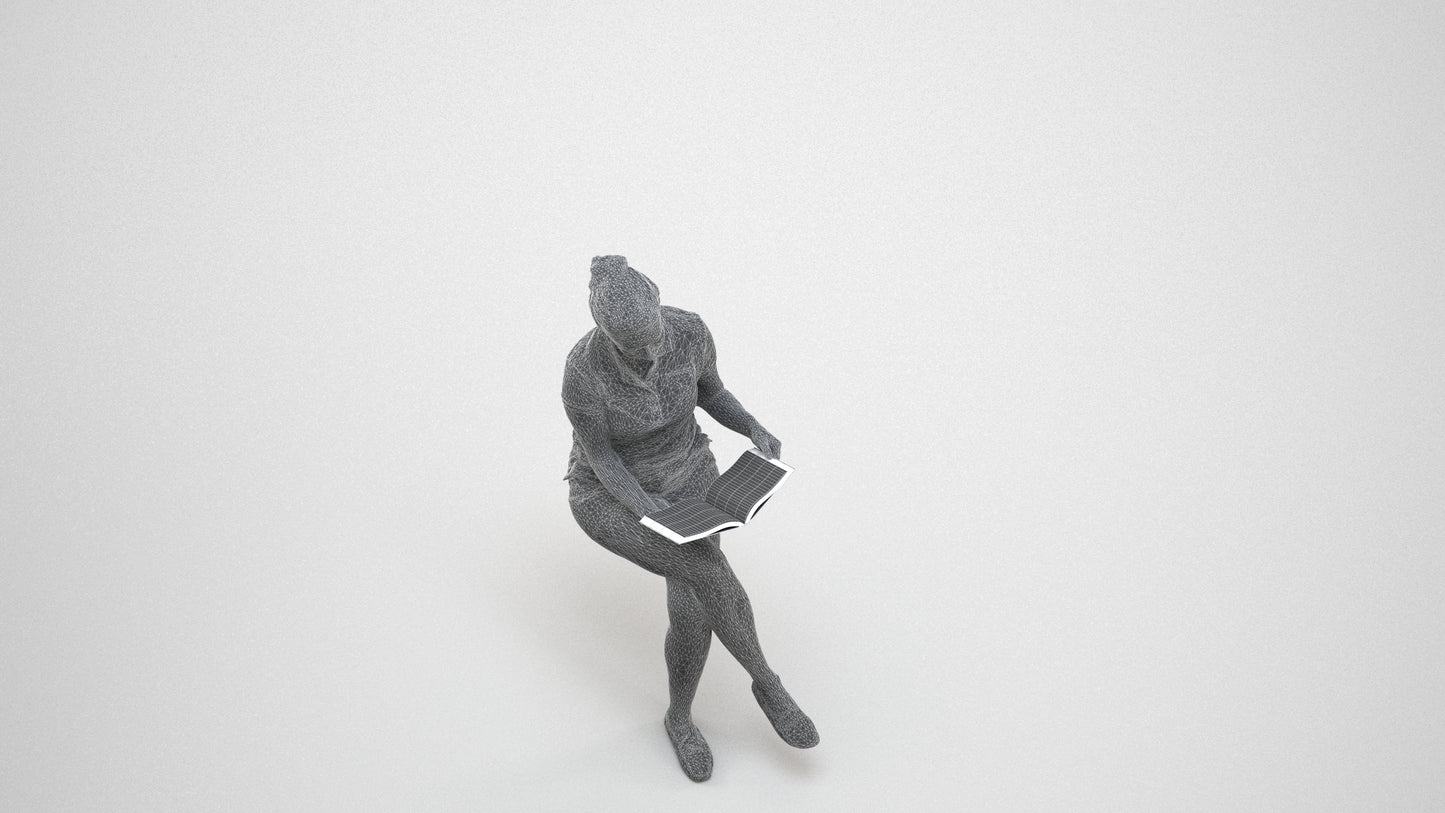 3D people model woman casual sitting, scanned human for 3ds Max rendering, wireframe three-quarter view