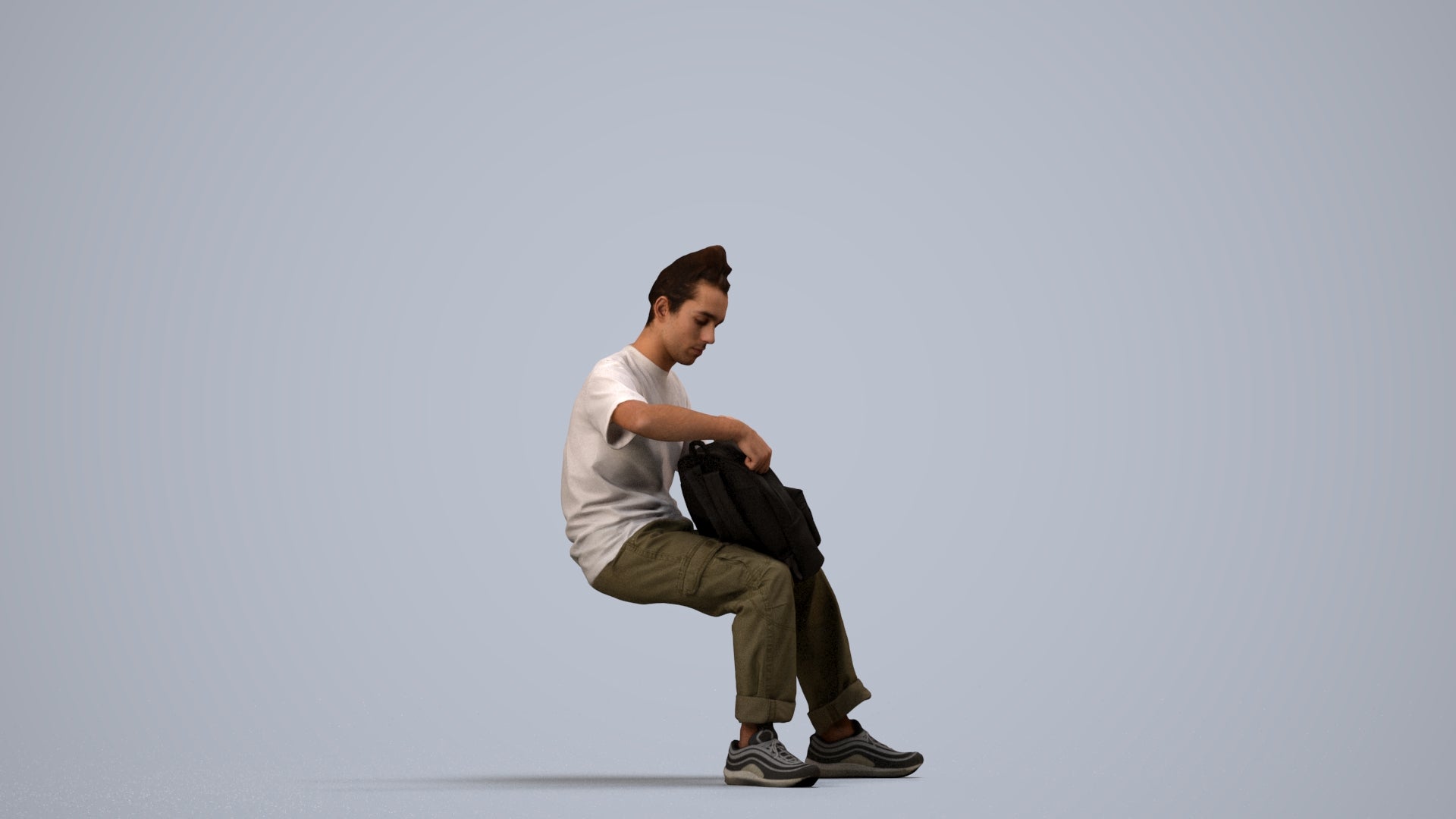 3D human model man casual sitting, photogrammetry scanned person for archviz, side view render