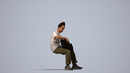 3D human model man casual sitting, photogrammetry scanned person for archviz, side view render