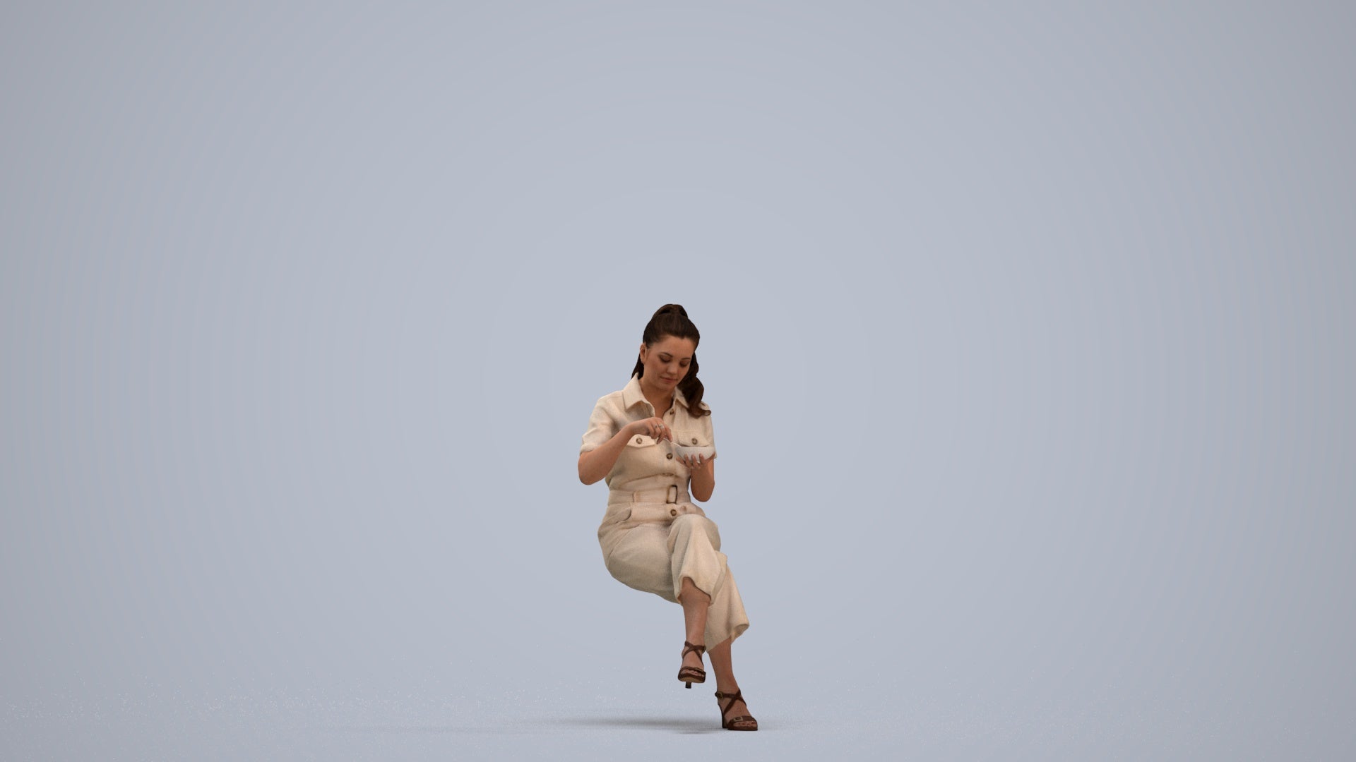3D scanned woman sitting casual, photorealistic archviz people for Enscape and SketchUp, standing pose render