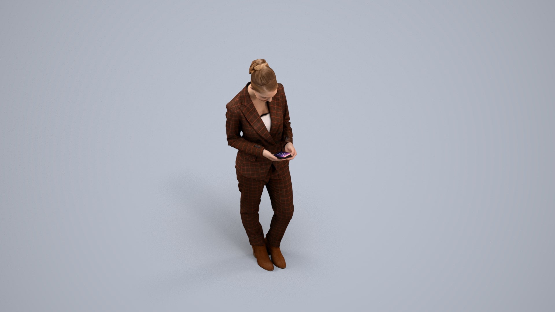 3D human model woman business standing, photogrammetry scanned person for archviz, back view render