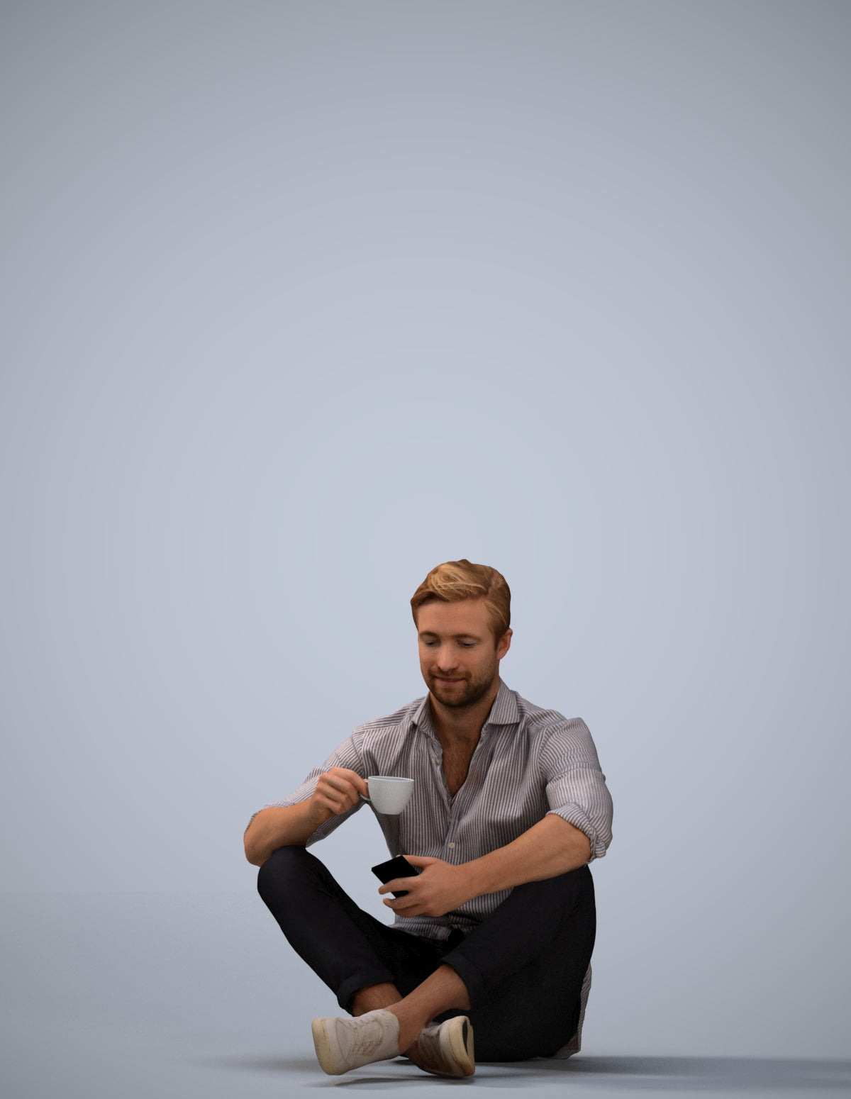 3D scanned man sitting casual, photorealistic archviz people for Enscape and SketchUp