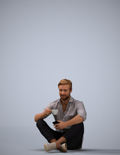 3D scanned man sitting casual, photorealistic archviz people for Enscape and SketchUp