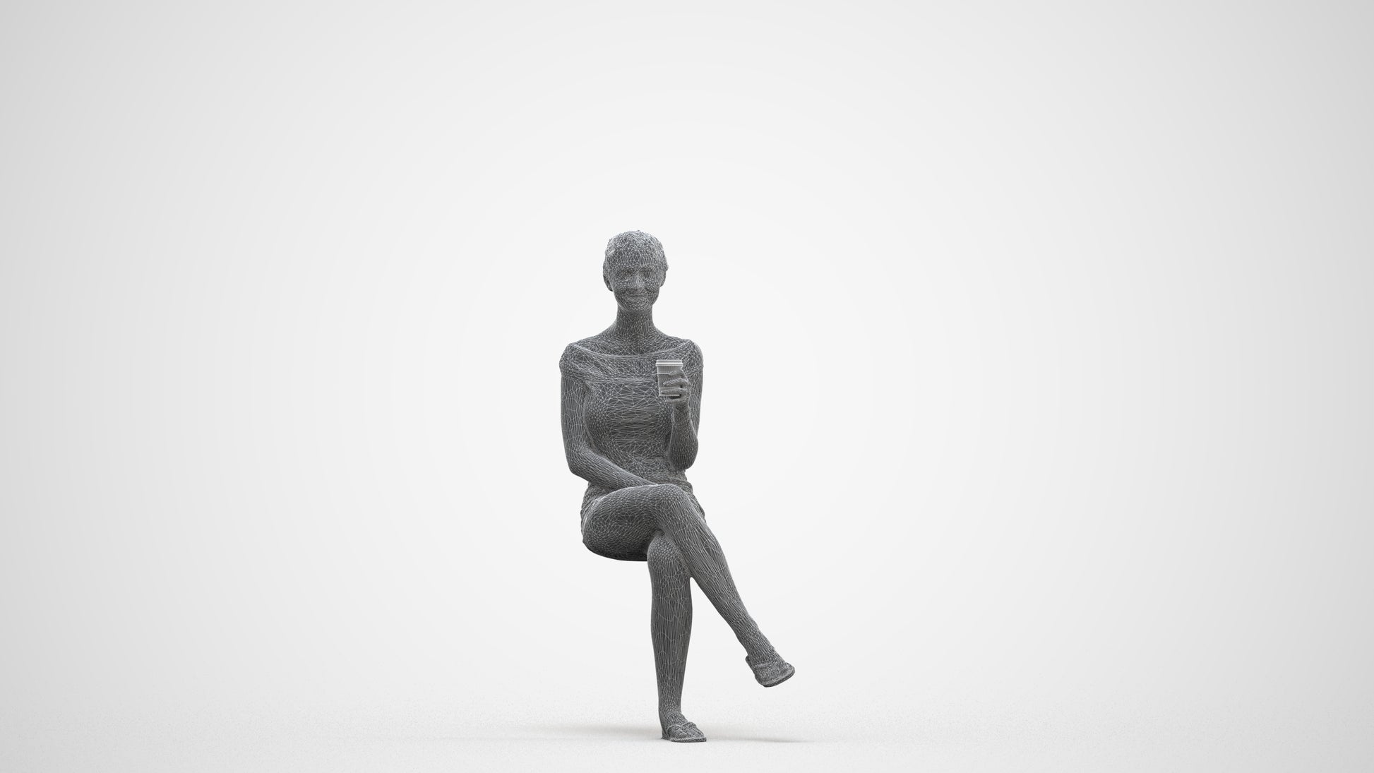 realistic 3D human girl casual sitting, archviz people FBX OBJ for Blender, three-quarter front view render