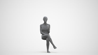 realistic 3D human girl casual sitting, archviz people FBX OBJ for Blender, three-quarter front view render