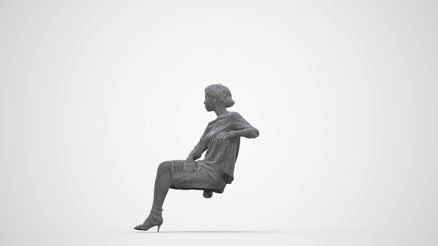 3D scanned woman sitting casual, photorealistic archviz people for Enscape and SketchUp, wireframe back view