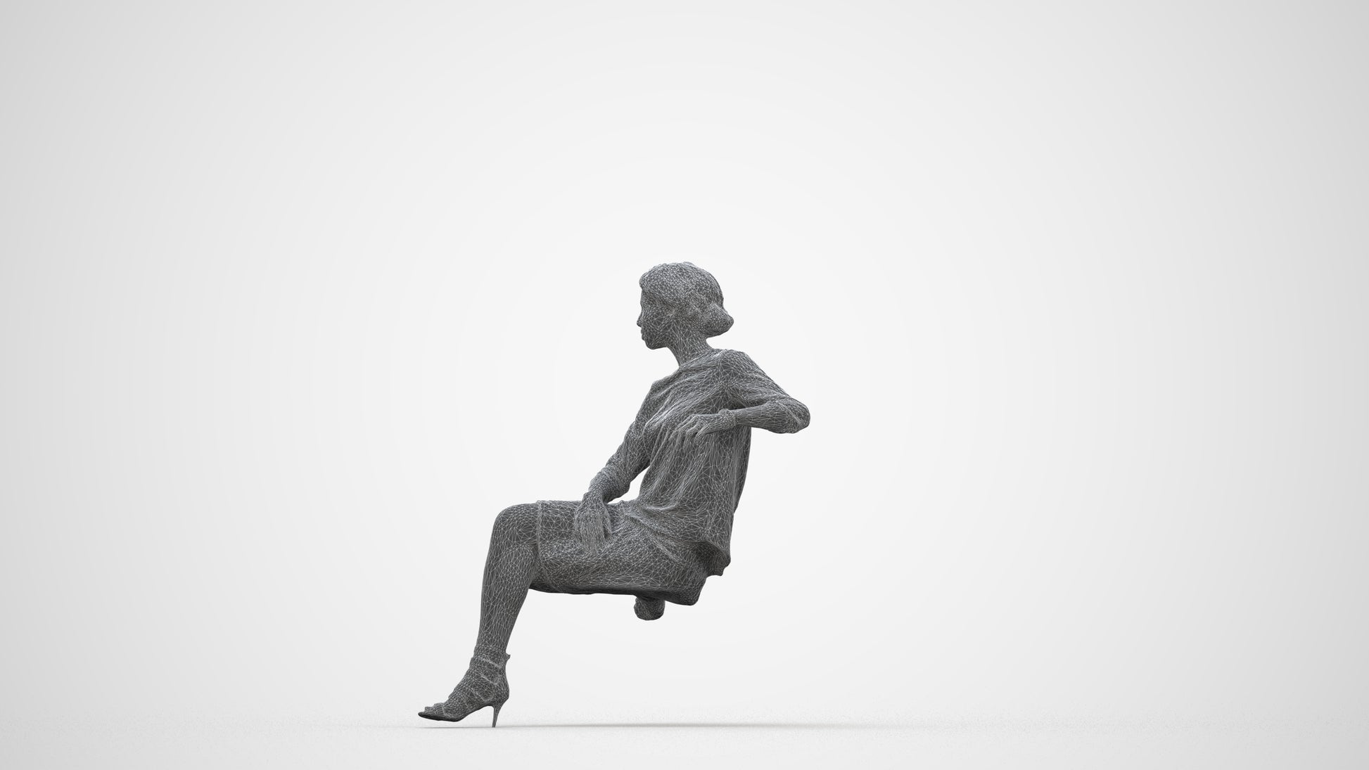 3D scanned woman sitting casual, photorealistic archviz people for Enscape and SketchUp, wireframe back view