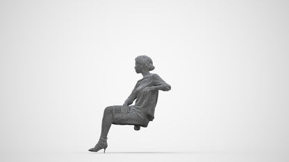 3D scanned woman sitting casual, photorealistic archviz people for Enscape and SketchUp, wireframe back view