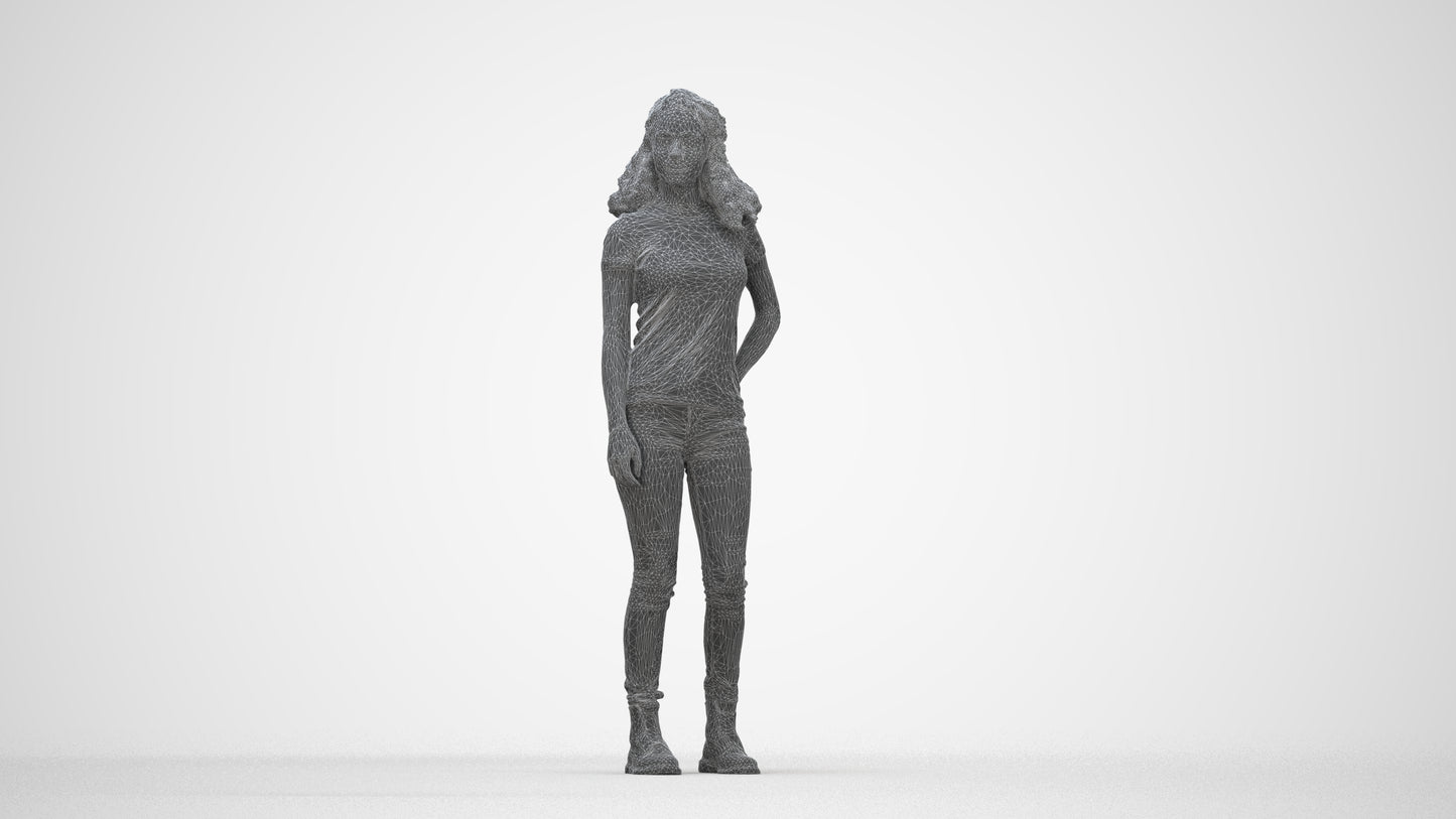 realistic 3D human woman casual standing, archviz people FBX OBJ for Blender, wireframe back view