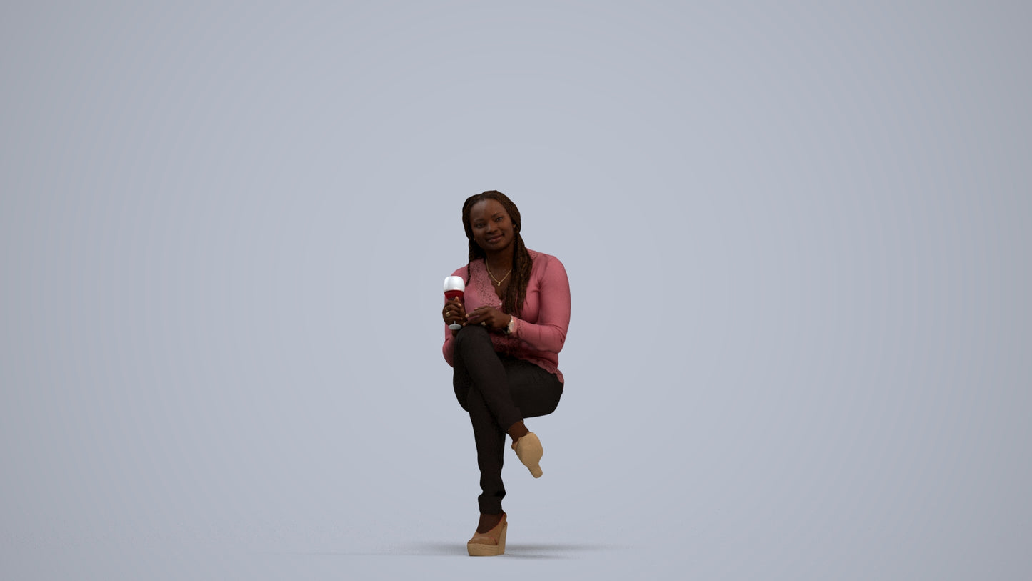 3D human model woman casual sitting, photogrammetry scanned person for archviz, standing pose render