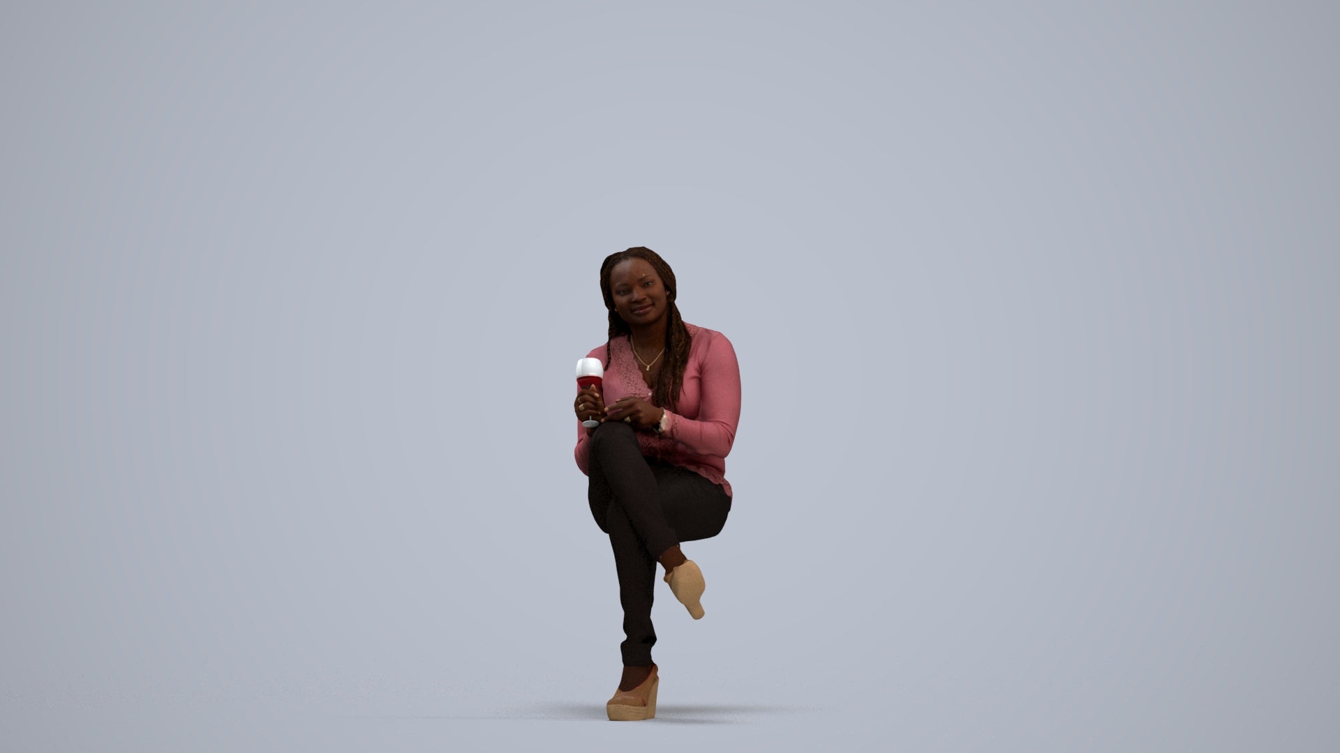 3D human model woman casual sitting, photogrammetry scanned person for archviz, standing pose render