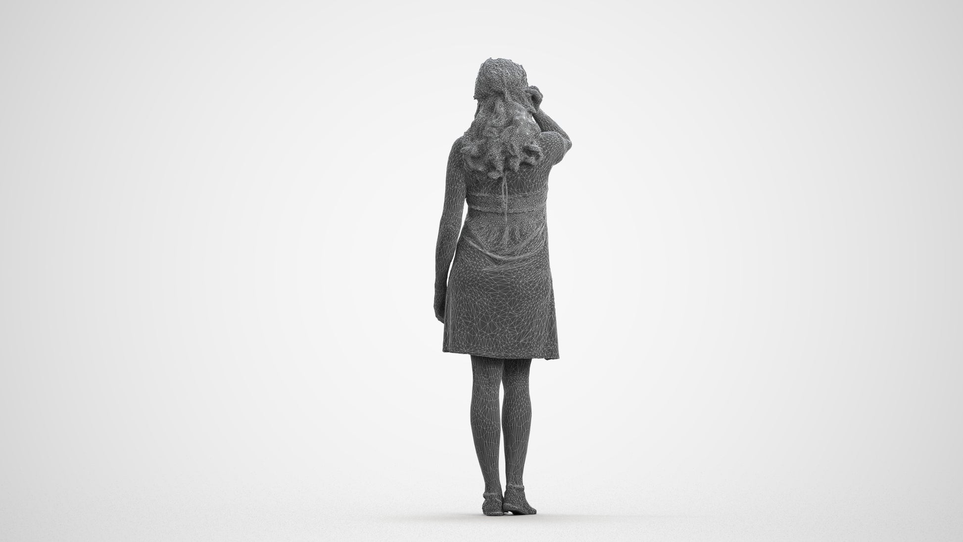 3D human model woman standing, photogrammetry scanned person for archviz, wireframe front view
