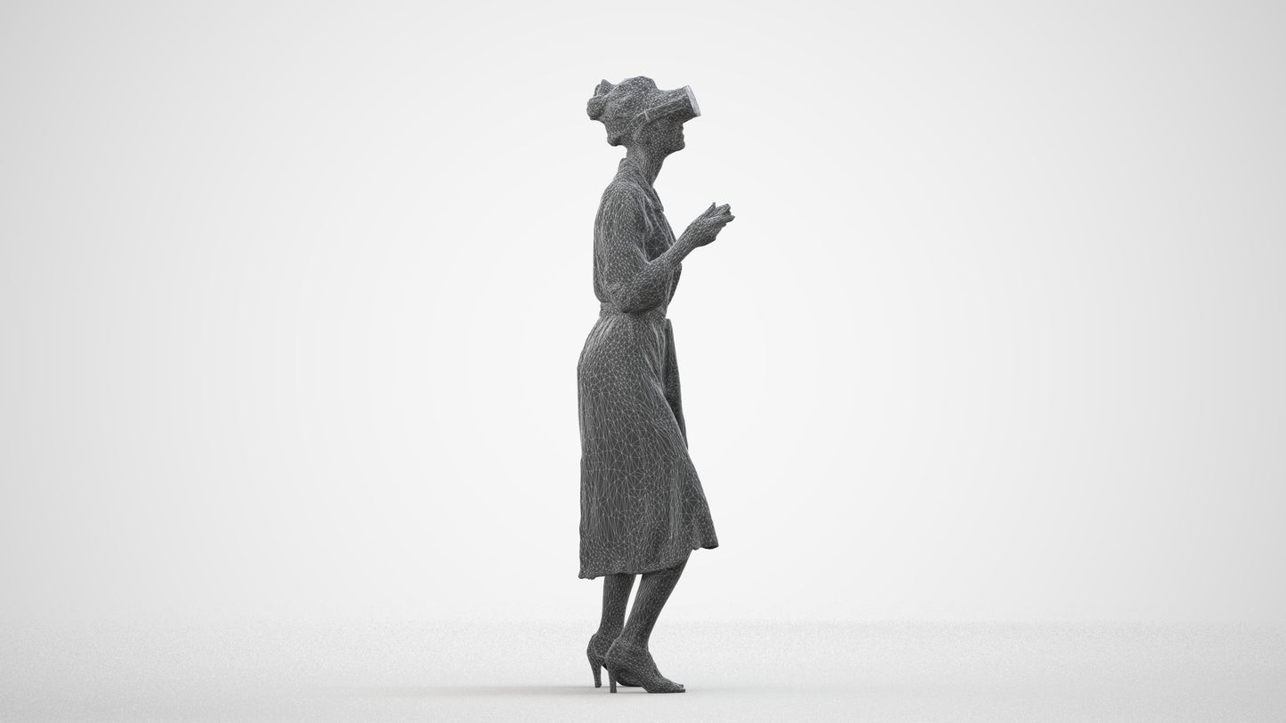 3D human model woman casual standing, photogrammetry scanned person for archviz, wireframe side view