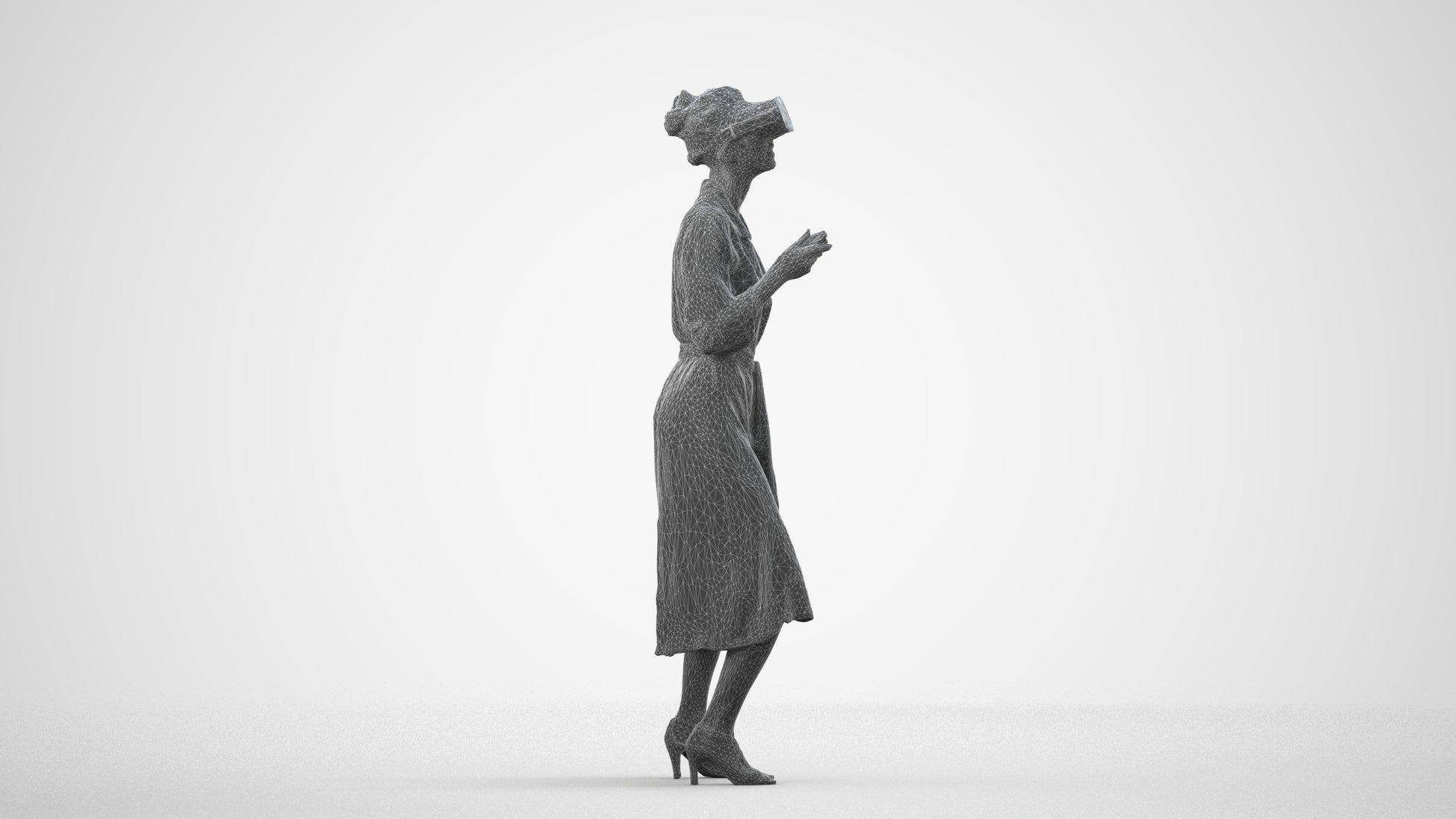 3D human model woman casual standing, photogrammetry scanned person for archviz, wireframe side view
