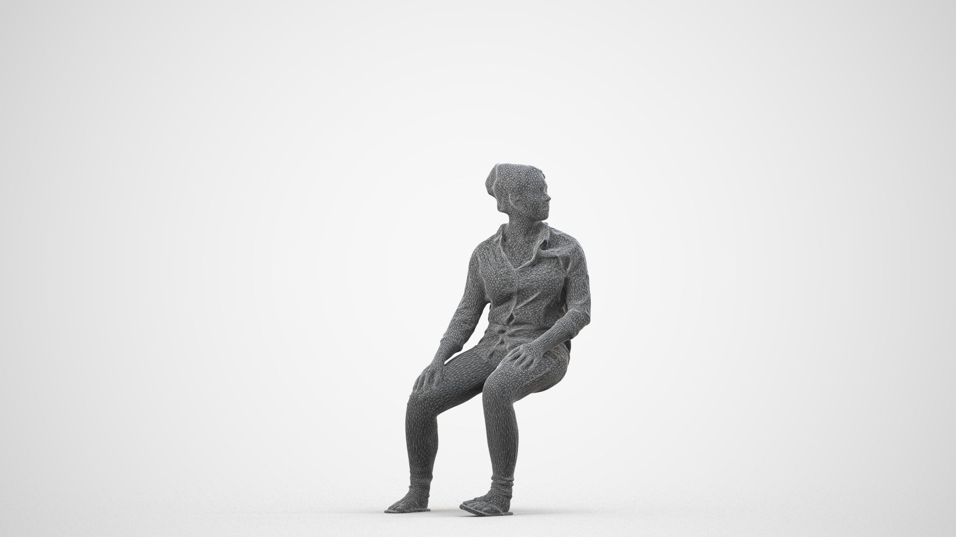 photogrammetry 3D woman casual sitting, realistic human model archviz FBX, wireframe side view