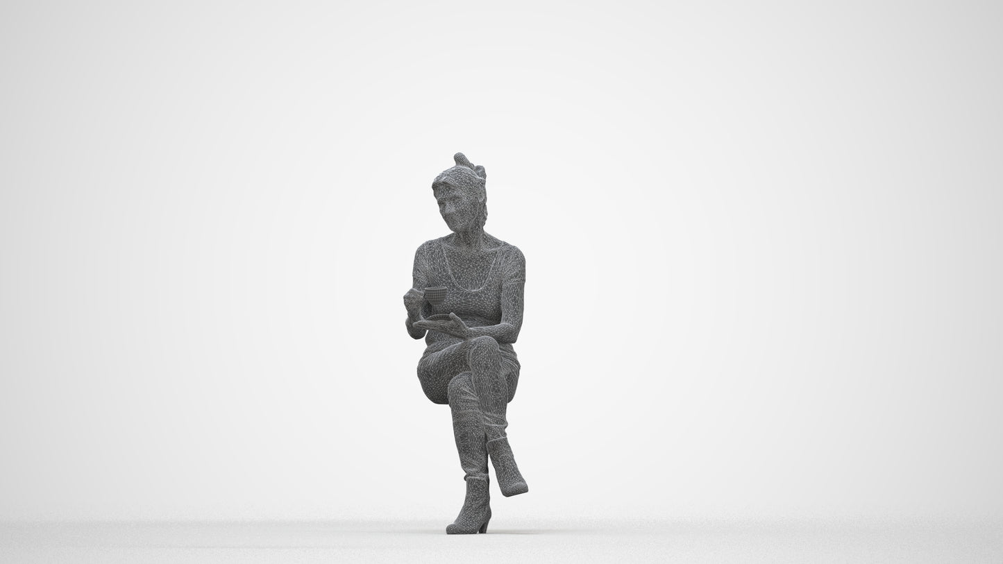 realistic 3D people senior woman casual sitting, render-ready for V-Ray and Corona, FBX OBJ, wireframe back view