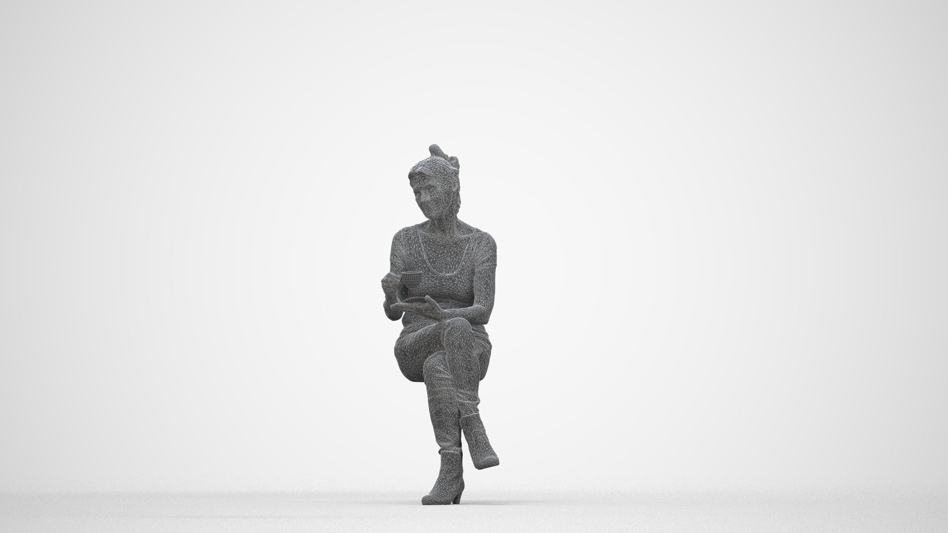 realistic 3D people senior woman casual sitting, render-ready for V-Ray and Corona, FBX OBJ, wireframe back view
