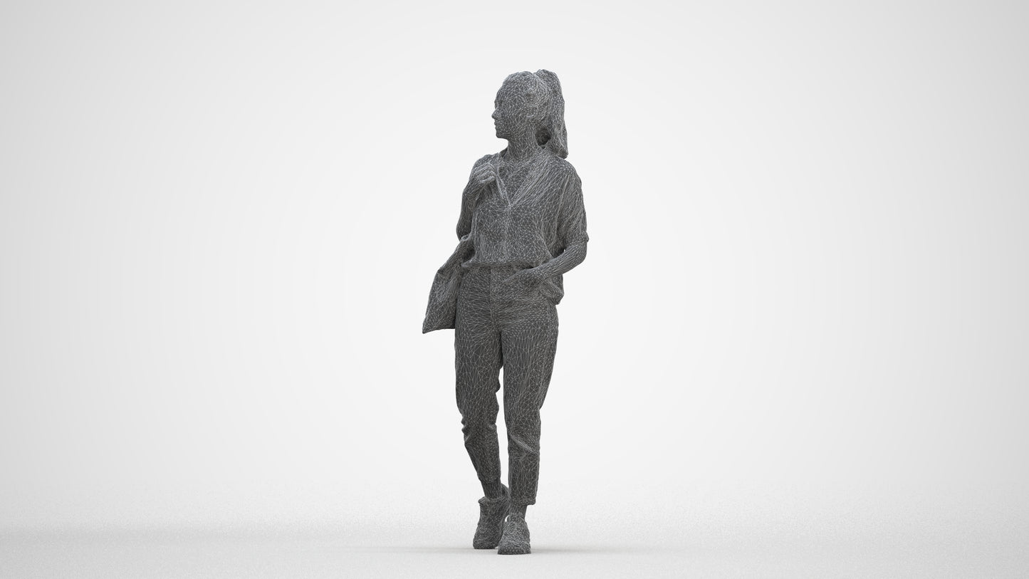realistic 3D woman casual walking, scanned archviz people for Blender and 3ds Max, three-quarter front view render