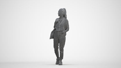 realistic 3D woman casual walking, scanned archviz people for Blender and 3ds Max, three-quarter front view render