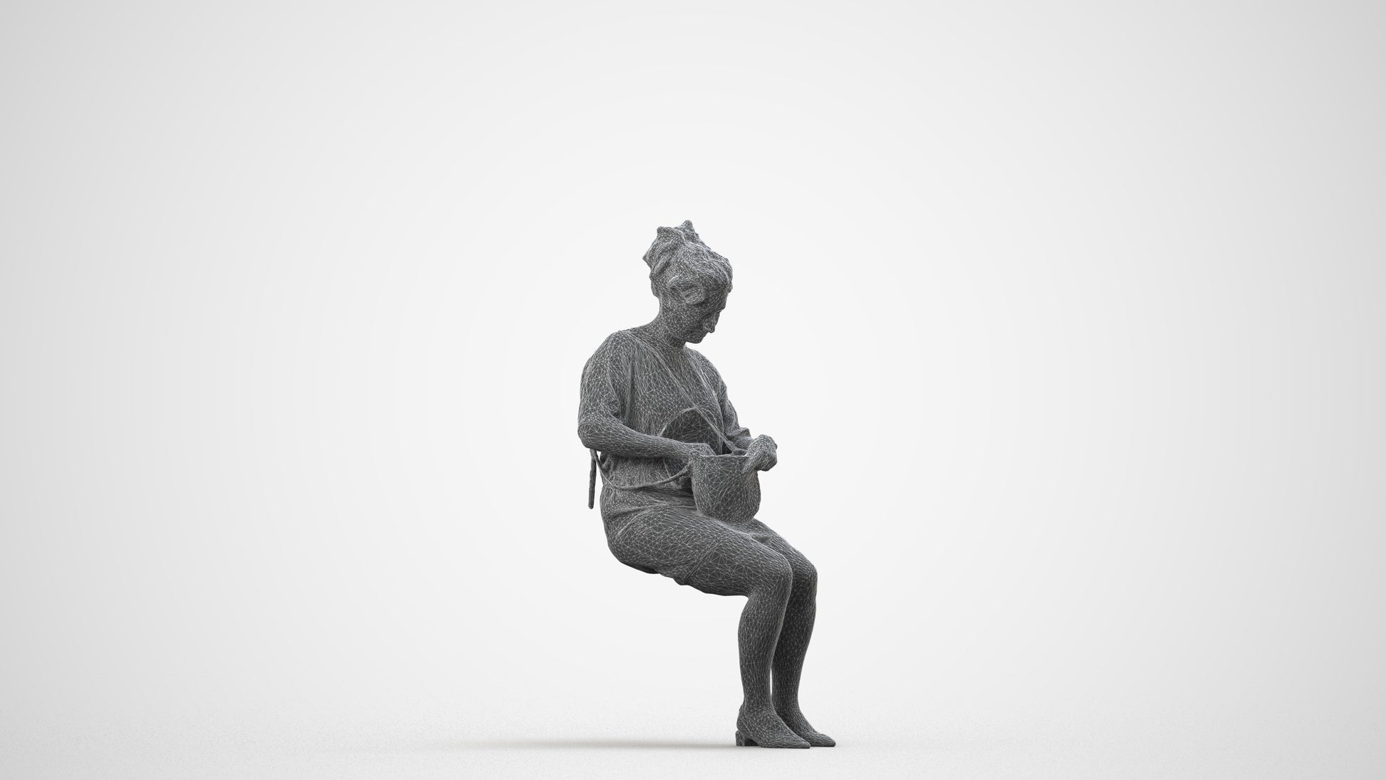 3D scanned woman sitting casual, photorealistic archviz people for Enscape and SketchUp, wireframe side view